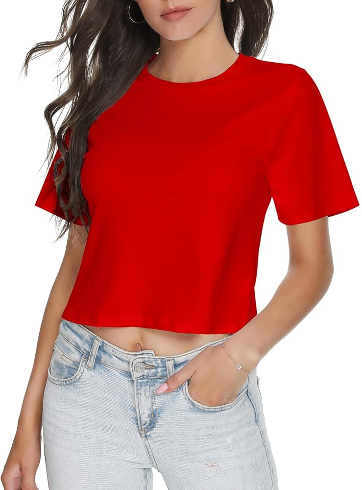 LINDLOOK Women's Loose Short Sleeve Basic Crop Top Crewneck